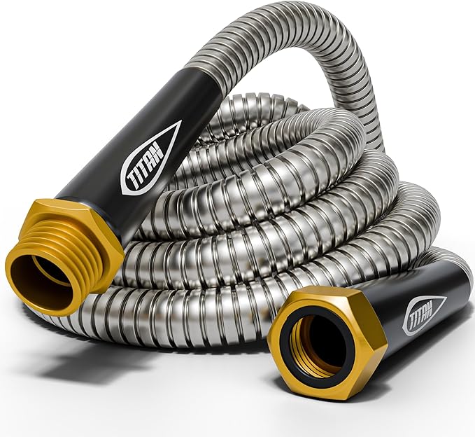 TITAN Garden Hose 50FT - 304 Stainless Steel Metal Water Hose, Flexible, Kink-Free, Lightweight, Durable, Crush Resistant Fittings, Easy to Coil, 500 PSI