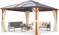 TOOLPORT Hardtop Gazebo 13x13 ft with Polycarbonate Roof - Wood-Like Finish - 4 Side Panels in Champagne