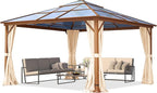 TOOLPORT Hardtop Gazebo 13x13 ft with Polycarbonate Roof - Wood-Like Finish - 4 Side Panels in Champagne