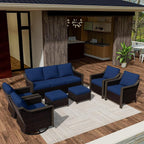 7 PCS Wicker Patio Conversation Set, All-Weather Use Outdoor 2 PE Rattan Swivel Chair, 2 PE Rattan Chair, 2 Ottoman, 1 Patio Sofa, Removable Water-Resistant Cushion, Blue