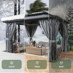 Aoxun Hardtop Gazebo 10x12, Aluminum Frame Canopy with Double Galvanized Steel Roof, Outdoor Gazebo with Breathable Netting and Privacy Curtain for Backyard, with Ground Nails