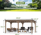10 x 20 FT Wooden Grill Gazebo with Sloping Metal Roof, BBQ Gazebo with 5.5" Width Wood Posts & Rainwater Drainage for Barbecue, Garden, Backyard, Light Mocha Brown