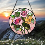 Stained Glass Window Hanging 4 Pcs Set Pink Floral Theme 7.8" - Flowers Suncatcher Door Garden Sun Catcher Decor Birthday Christmas for Mom Woman Nana Men Friend