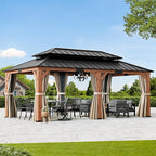 Modern Shade Rosewood Wood Gazebo 12' x 20', Cedar Framed Grill Gazebo with Double Galvanized Steel Roof, Mosquito Netting and Curtains, Permanent Hardtop with Sturdy Hooks for Garden, Backyard, Patio