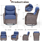 Rilyson 4 Piece Outdoor Patio Swivel Rocker Chairs, Waterproof Wicker, High Back, Deep Seating, Wide Armrest, Upgraded 6 inch Thick Cushions, Ideal for Deck Porch Backyard, Brown/Blue