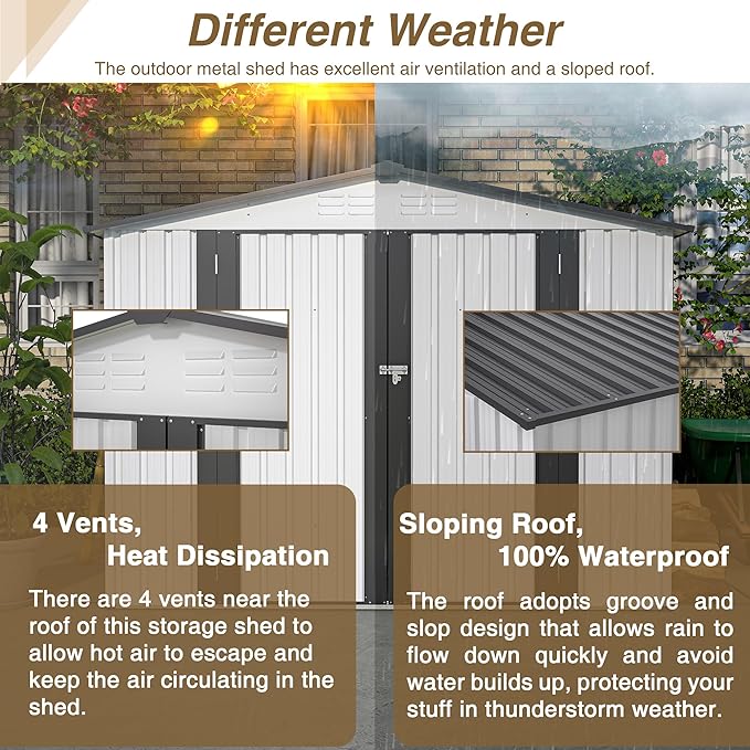 Spacious 8 x 6 ft Outdoor Storage Shed, All Weather Metal Sheds with 2 Lockable Doors, Tool Shed for Garden, Backyard, Lawn,White