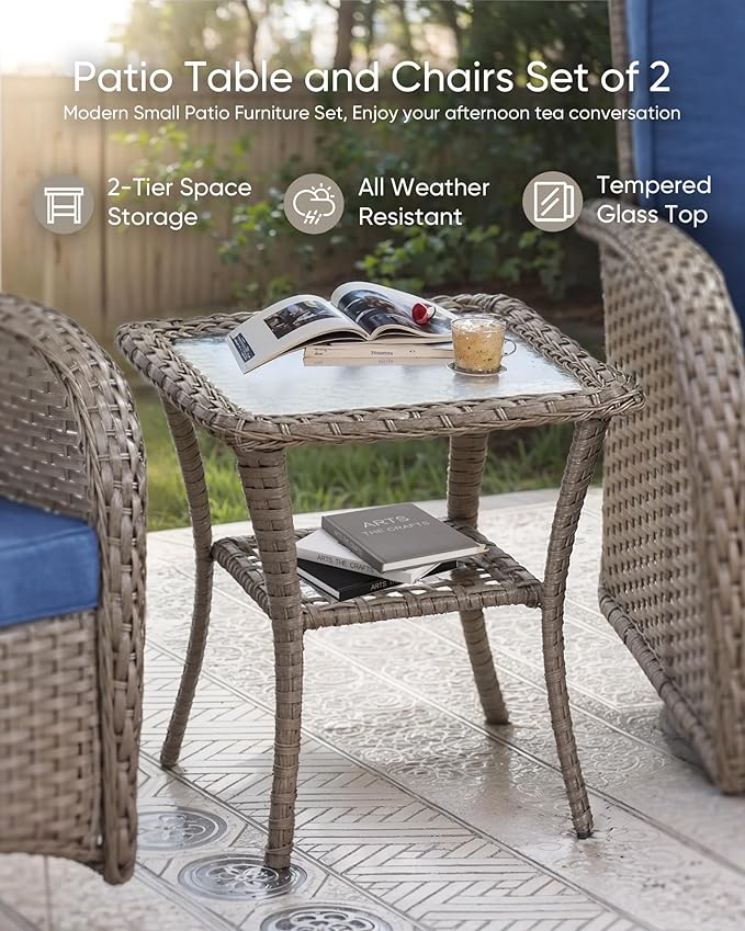 HUMMUH 7 Pieces Wicker Patio Conversation Set Outdoor Glider Loveseat with Patio Swivel Rocking Chairs Outdoor Patio Set for Deck Lawn Porch Balcony Poolside-Grey/Blue