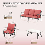 HERA'S HOUSE 4 Piece Patio Furniture Set, 2 x Rocking Metal Frame Cushioned Chair, 3-Seat Sofa with Marbling Coffee Table, All Weather Outdoor Conversation Set for Lawn Garden Backyard, Red