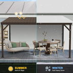 Domi 10’x12’ Lean-to Gazebo, Hardtop Wall-Mounted Gazebo Pergola with Sloping Galvanized Steel Roof and Upgraded Drainage System, Outdoor Permanent Metal Shelters for Patio Backyard Deck, Brown