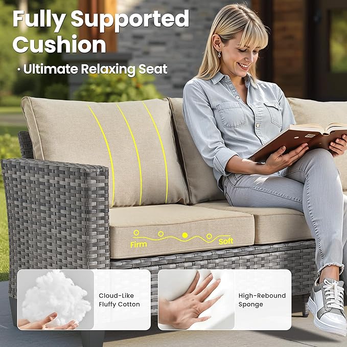 ovios 7 Pieces Patio Furniture Set with 42" Fire Pit Table, Outdoor Sofa Couch with Solar Lights Table Comfy Cushions, Modern Deep Seat Wicker Rattan Conversation Set, Beige