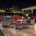 7 Pieces Patio Furniture Set with Fire Pit Table, Wicker Rattan Outdoor Furniture Set with Swivel Rocker Chairs for Yard, Deck, Garden, Grey/Red