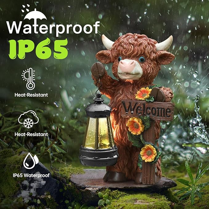 Solar Highland Cow Garden Decor - Outdoor Waterproof Resin Statues with LED Lights, Solar Patio Figurines for Yard & Lawn (1-Pack, Auto On/Off)