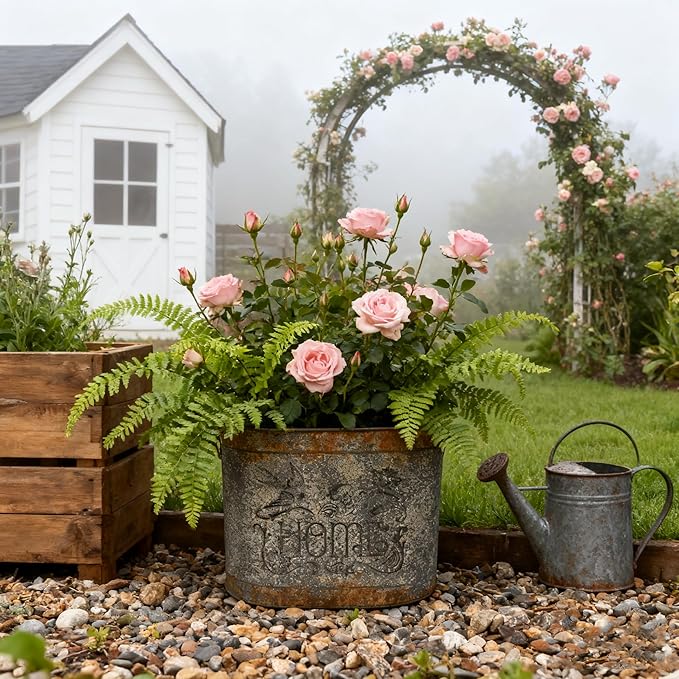 Set of 2 Vintage Distressed Metal Planter, Decorative Flower Buckets with Floral Embossing, Rustic Farmhouse Flower Pot for Herbs Succulents, Wedding Party Home Decor Accents