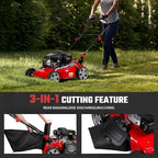 3 in 1 Self-Propelled Lawn Mower, 18 Inch 131cc Gas Powered Walk Behind Mower with Mulch/Side Discharge/Rear Bag, Rear Wheel Drive for Yard & Garden Red