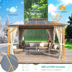 MELLCOM 10x12FT Hardtop Gazebo, Wooden Finish Coated Aluminum Patio Gazebo with Aluminum Composite Double Roof for Patio Lawn and Garden, Curtains and Netting Included