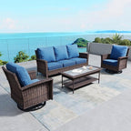 Patio Furniture Set with Swivel Chairs, High Back Wicker Rattan Furniture with 5.5" Thick Cushions and Coffee Table, Outdoor Conversation Set for Backyard Deck,5 Seats, Blue