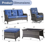 Wicker Outdoor Conversation Set-6 Pieces Outdoor Wicker High Back Couch with Swivel Rocker Chairs Patio Furniture for Deck Poolside Backyard-Grey/Blue