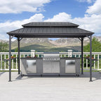PURPLE LEAF 6.5' X 12' Hardtop Grill Gazebo for Patio Permanent Aluminum Barbeque Shelter with Ceiling Hook and Shelves Double Tiered Grey Outdoor BBQ Gazebo