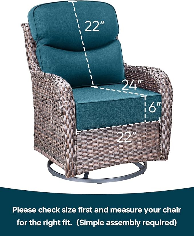 Luxury 22x24/22x25 6-Inch Smile Patio Cushions for Outdoor Furniture Set of 6 - Thick Back & Deep Seat Outside Chair Cushions for Rattan Metal Glider Loveseat Sectional Sofa - Peacock Blue