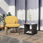 Outdoor Rattan Side Table, Modern Patio End Side Table with Glass Top and Storage Shelf, Wicker Side Table for Yard, Balcony, or Livingroom