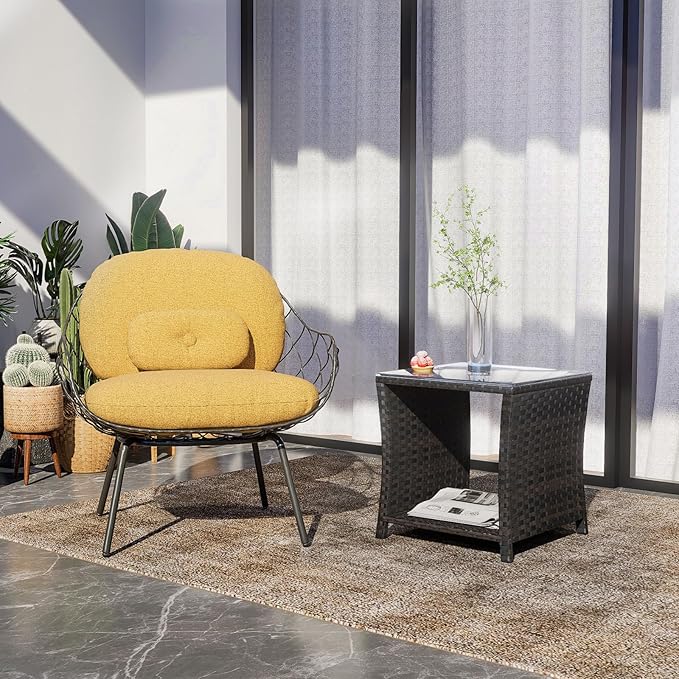 Outdoor Rattan Side Table, Modern Patio End Side Table with Glass Top and Storage Shelf, Wicker Side Table for Yard, Balcony, or Livingroom