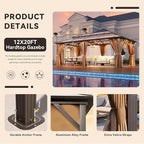 Aoxun Hardtop Gazebo, Aluminum Frame Permanent Pavilion with Netting and Curtains, Outdoor Polycarbonate Double Roof Canopy, Designed for Lawn, Garden, Patio (Brown, 12'x20' with Ground Anchor)