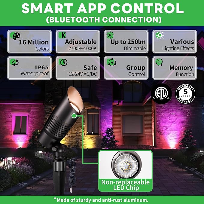 Smart Outdoor Landscape Spotlights Color Change - 12V Multicolored LED Spot Lights Hard-Wired Waterproof, Low Voltage Uplighting Using App, Aluminum Black for Backyard Fence 8 Pack