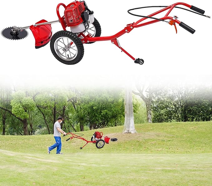 49cc 2-Stroke Gas Lawn Mower, 2-in-1 High Speed Brush Lawn Mower, 1.8kw Walk Behind Weed Trimmer with Single-Cylinder Air-Cooled System, 6500-7000 RPM, Hand Start, Weeding Baffle