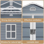 Gizoon 8x6 FT Outdoor Storage Shed with Floor, Resin Garden Tool Shed with Lockable Doors, Window, Vents, Reinforced Steel Frame, Waterproof Plastic Storage Sheds for Backyard, Patio, Lawn