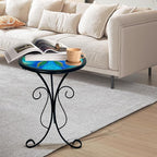 HONGLAND Outdoor Side Table, 12" Round Small Outdoor Glass End Table, Glass Plant Stand, Small Bistro Coffee Table for Garden Patio Porch Living Room （Peacock）