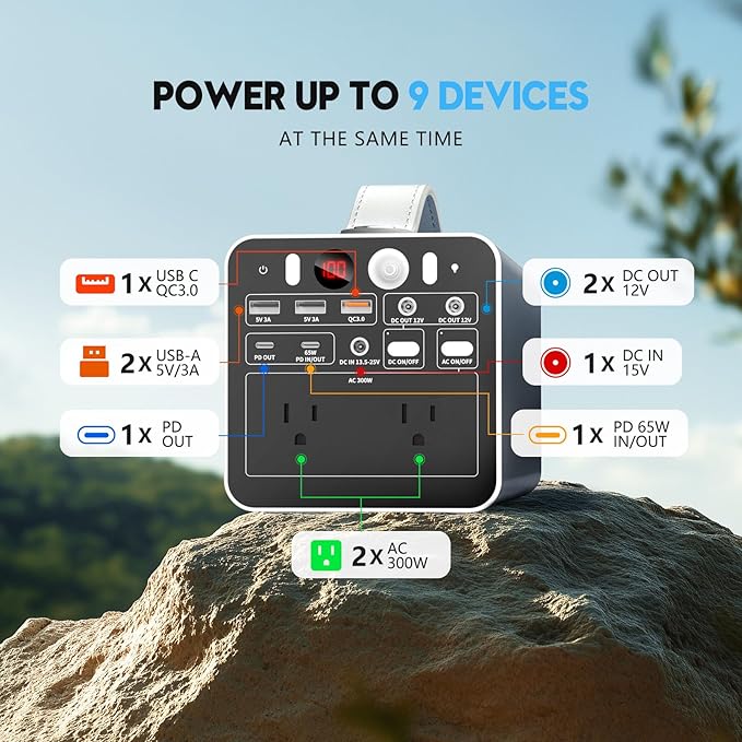300W Portable Power Station, 299.7Wh Power Bank with AC Outlet, Dual Way 65W PD/USB-C Port, Laptop Charger Battery Pack Power Supply, Solar Generator for Camping Home Emergency