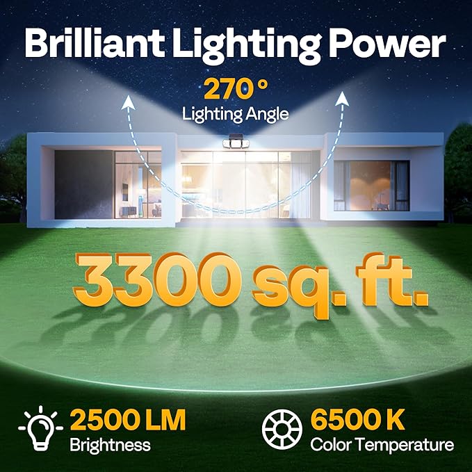 VIVOHOME Linkable Solar Lights Outdoor, Dual Roating Motion Sensor Flood Lights Solar Powered Security Light with 3 Heads, 2500LM, IP65 Waterproof for Outside, Yard, Garage, Wall, Patio, 2 Pack