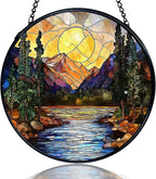 kdqua Mountain Suncatcher Stained Glass Window Hanging, Nature Sunset River Landscape Sun Catchers Indoor Window Glass Round Wall Decor, Mountain Wall Art Hanging Decorations Statues, 7.9x7.9in
