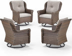 Patio Chairs Outdoor Swivel Glider - Set of 4 High Back Outside Brown Wicker Rattan Rocking Chair with Thick Cushion for Porch Apartment Deck Yard Poolside Garden - Beige
