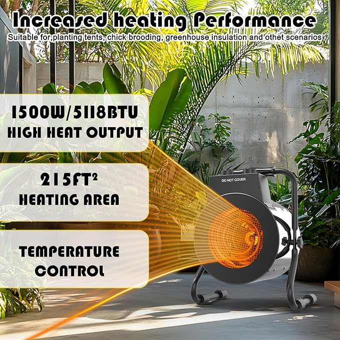 Greenhouse Heater with Thermostat - Portable Patio Outdoor Heater for Green House, Overheating Protection, Fast Heating, Garage Outdoor Use, Silver, X-Large