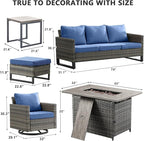 HUMMUH 7 Piece Patio Furniture Set with Fire Pit 41in 55,000 BTU,Wicker Outdoor Conversation Sets - Patio Swivel Chairs Sofa Ottomans,Side Table for Porch,Garden,Backyard