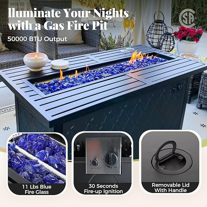 Patio Furniture Set, 4 Pcs Metal Outdoor Conversation Set, 2 Rocking Chairs and 3 Seater Sofa with 5.75" Extra Thick Cushion and Gas Fire Pit Table for Backyard Deck, Navy Blue