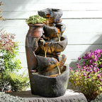 5 Tiered Rock Water Fountain Outdoor with Vintage Jar, Cascading Waterfall Fountain with LED Lights, Outdoor Fountains for Garden or Patio, Yard, and Deck Decor, 16.5" L x 12.6" W x 31.7" H