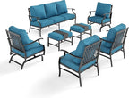 7 Piece Metal Outdoor Patio Furniture Sets, Patio Conversation Sets 3-seater Sofa, 2 Fixed Chair, 2 Rocking Chair, 2 Ottomans with 5.75" Thick Cushion, Black Backyard Furniture, Blue-2