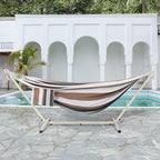 LazyDaze Hammocks Double Hammock with Stand - 2 Person Heavy Duty Outdoor Hammock for Adults, Includes Durable Steel Stand, Portable Carrying Bag and Pillow, Brown Stripes
