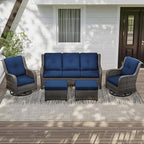 5 Pieces Outdoor Patio Furniture Set - Conversation Set Includes Wicker Swivel Rocker Chairs Set of 2, 2 Ottoman, 3 Seat Sofa, Suitable for Porch, Yard, Mixed Brown Rattan, Blue