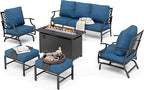 HERA'S HOUSE 6 Pieces Patio Furniture Set with Fire Pit Table, 2 x Rocking Chair, 2 x Ottoman, 3-Seat Sofa with 45" Fire Pit Table, Outdoor Conversation Set for Garden Poolside Backyard, Pacific Blue