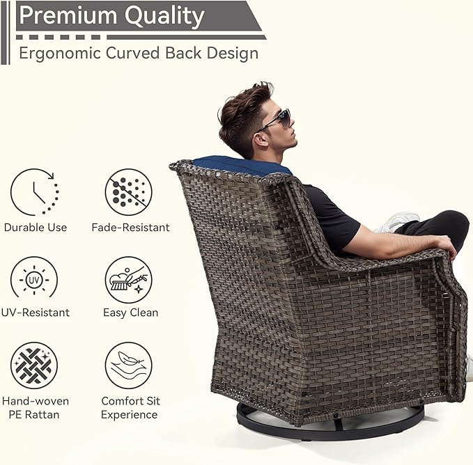 Outdoor Swivel Rocker Patio Chair with Matching Side Table - 360 Degree Patio Swivel Glider Chair with 3.5" Olefin Cushions(Mixed Grey/Blue)