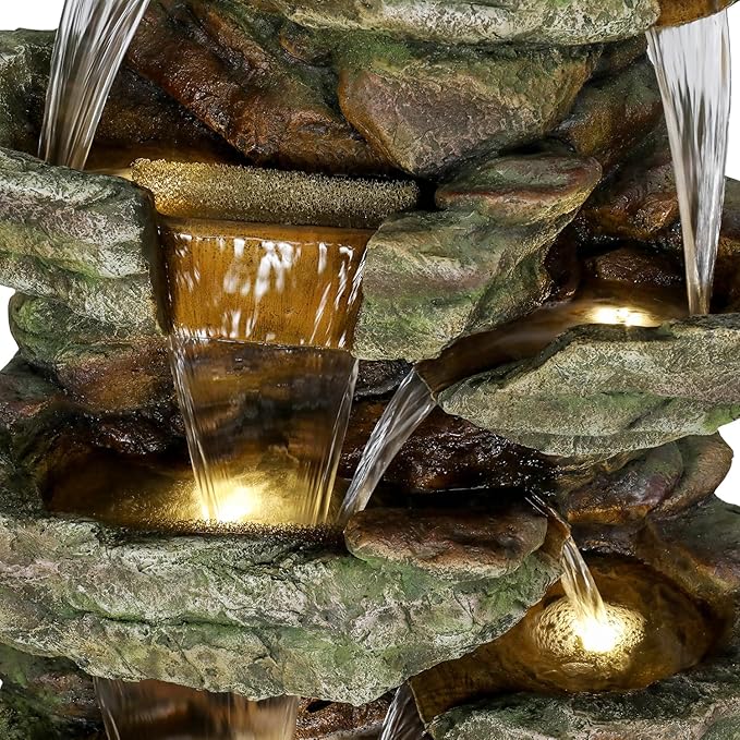 Naturefalls 59inches Outdoor Rock Water Fountain with LED Lights - Multi-Tiers Poly-Resin Cascading Waterfall Fountain for Garden, Patio, Yard, Home Decor