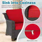 3 Pieces Outdoor Conversation Furniture Set - 77" Patio Sofa, 2 Rattan Wicker Ottomans, Patio Wicker Couch Set with Water-Resistant and Washable Cushions for Sunroom, Deck, Porch (Red)