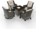 5-Piece Patio Wicker Conversation Set with Fire Pit, Furniture Set Includes 2 Swivel Rocker Chair and 2 Armchair, Cushion Beige