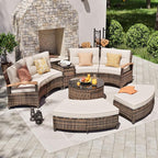 MEISSALIVVE 8 Piece Outdoor Patio Furniture Set, Half-Moon Curved Sectional Set with Wood Armrests, Patio Conversation Set, 2 Half-Moon Ottomans，Coffee & Side Tables (Brown)