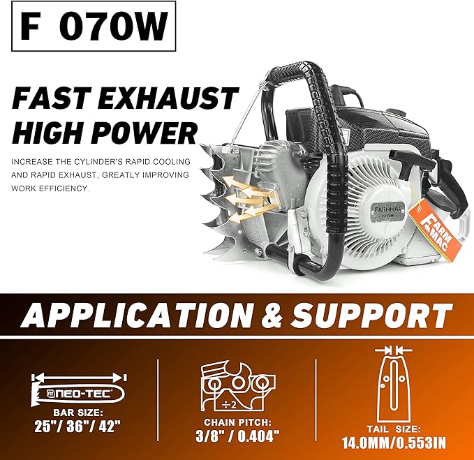 FARMMAC F070W Gas Chainsaw Powerhead, NEOTEC Chainsaw 105cc 2-Cycle Gasoline Power Chain Saws, 4.8KW 6.4HP Fit for 36 and 42 inch Bar, All Parts Compatible with MS070 090 Neotec NS8105 without Bar