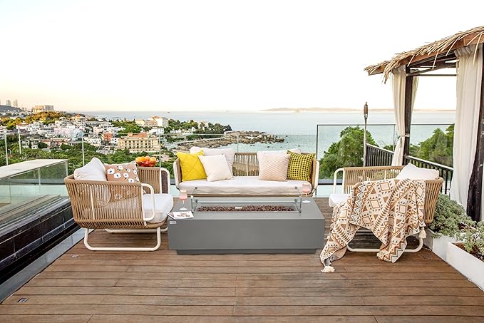 AMS Creations | Madison 60" Bundle Rectangular Propane Gas Outdoor Fire Pit Table | Light Gray Concrete GFRC | Smooth Texture or Surface | Electronic Ignition | Outside Backyard Fireplace