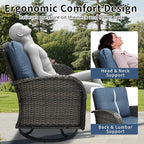 3 Pieces Patio Furniture Set, Outdoor Swivel Rocking Chair Set of 2 with Side Table - 360° Swivel, Thick Cushions, All-Weather Bistro Set for Deck, Porch, Pool(Navy, Grey Full-Weave Rattan)